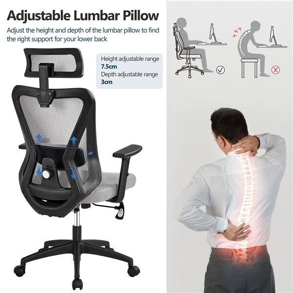 Office Chair Ergonomic Desk Gray Chair Adjustable Lumbar Support Headrest Armrest, View 3