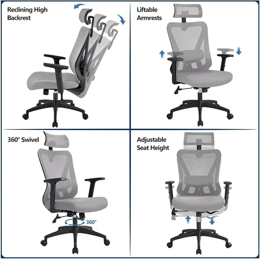 Office Chair Ergonomic Desk Gray Chair Adjustable Lumbar Support Headrest Armrest, View 4
