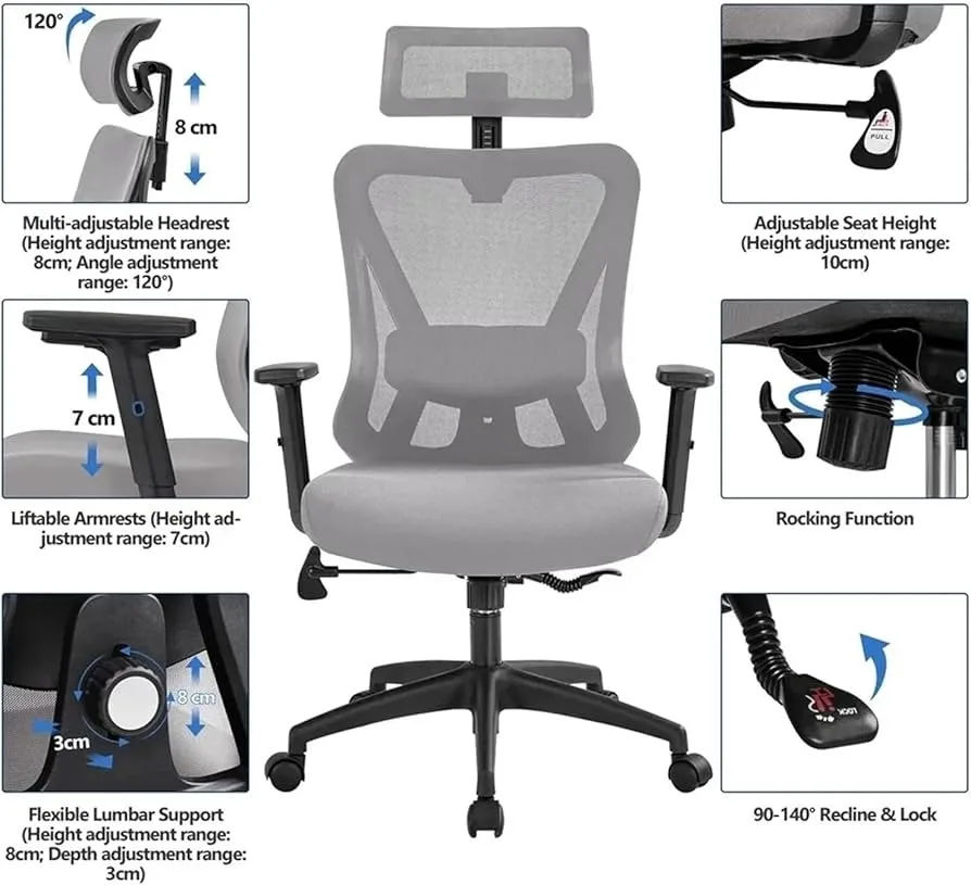 Office Chair Ergonomic Desk Gray Chair Adjustable Lumbar Support Headrest Armrest, View 5