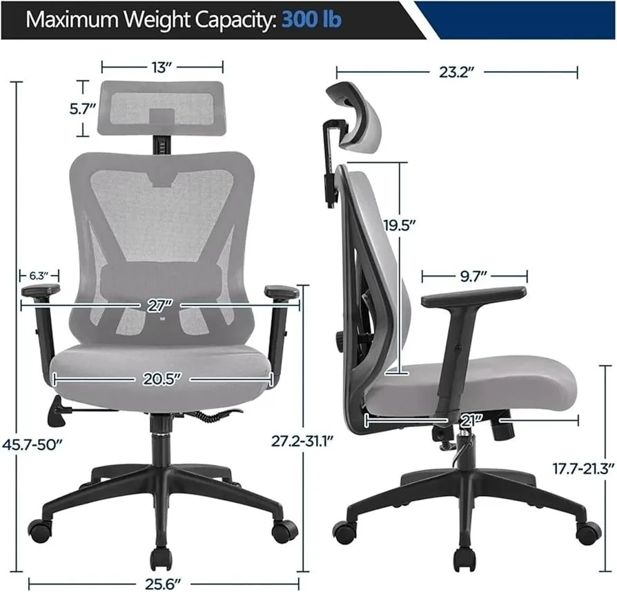 Office Chair Ergonomic Desk Gray Chair Adjustable Lumbar Support Headrest Armrest, View 6